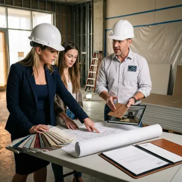 Design team reviewing construction plans and finish samples