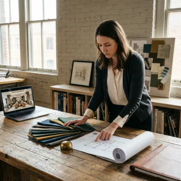 Interior designer reviewing renderings and material samples