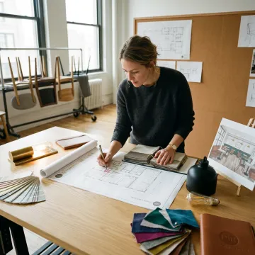 Restaurant designer reviewing plans and material samples