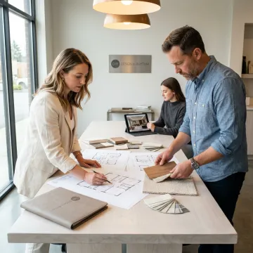 Design team reviewing interior plans and materials