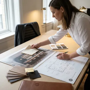 Designer reviewing modern bar counter renderings and material samples