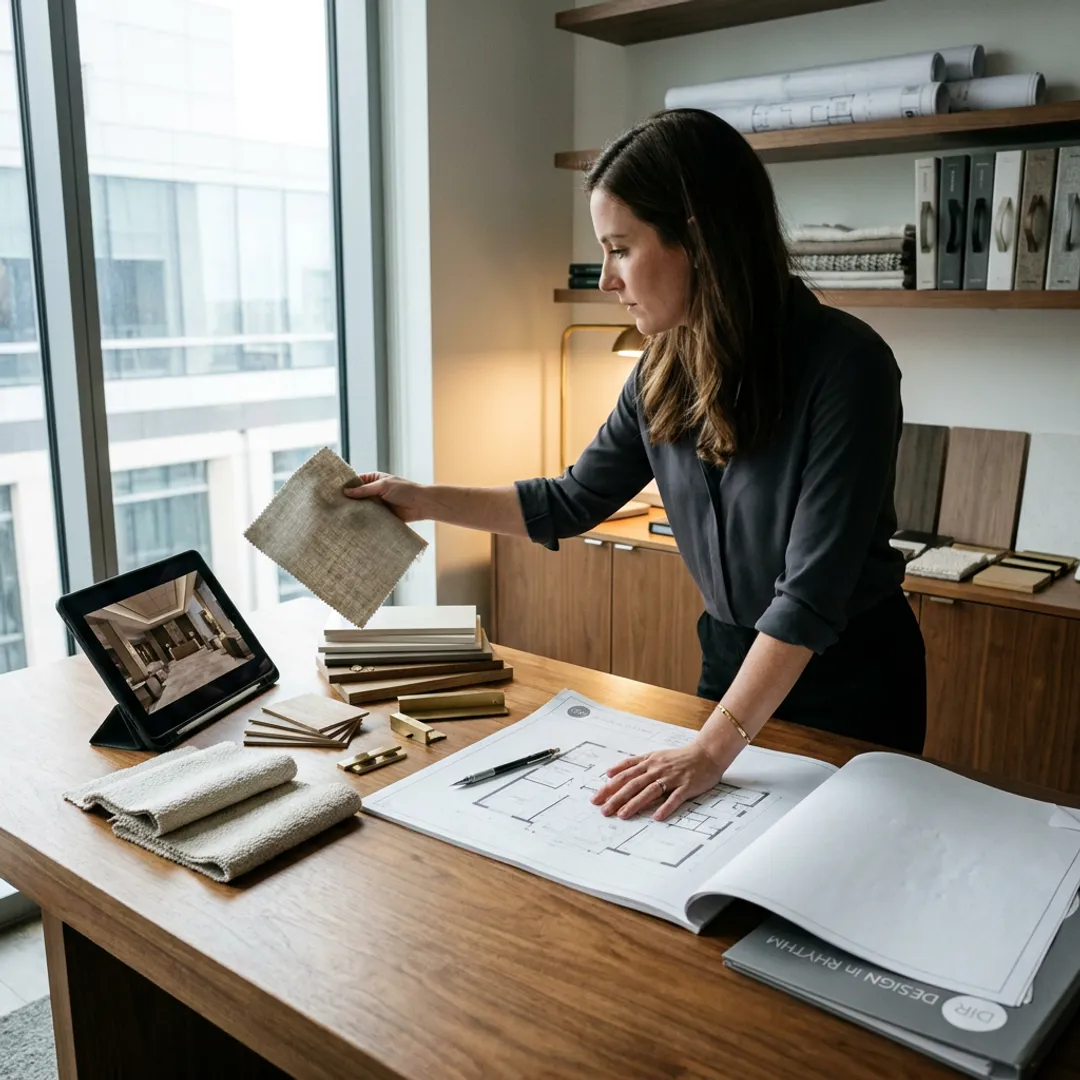 Interior designer reviewing plans and finishes