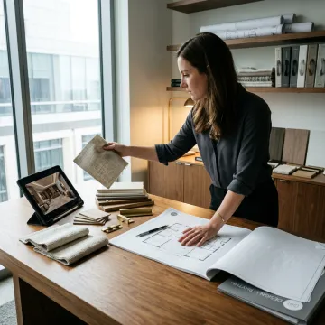 Interior designer reviewing plans and finishes
