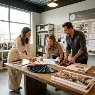 Design team reviewing renderings and material samples