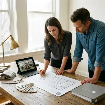 Design team reviewing two-story restaurant plans
