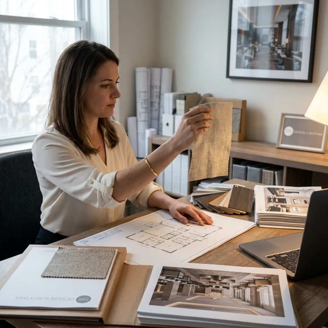 Designer reviewing floor plans and materials