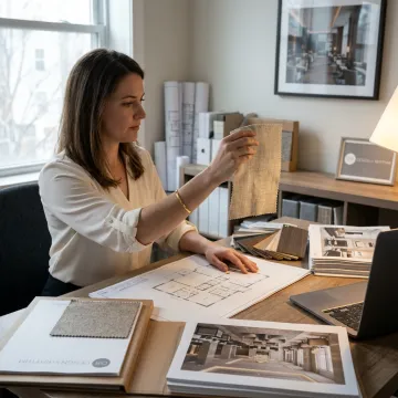 Designer reviewing floor plans and materials