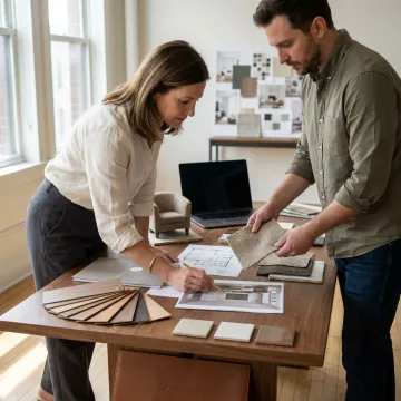 Design team reviewing renderings and samples