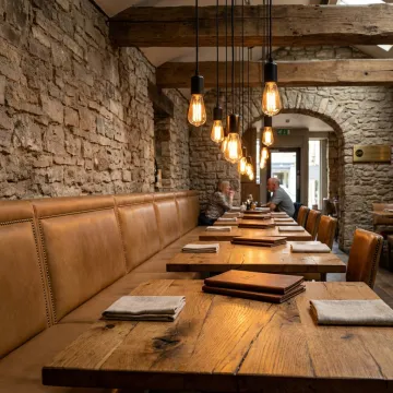 Rustic restaurant interior with warm lighting