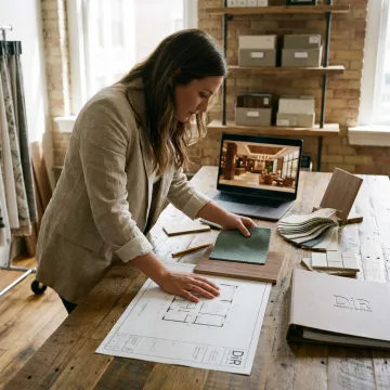 Designer reviewing renovation renderings and materials