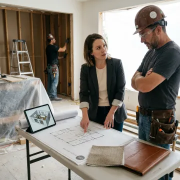 Renovation designer reviewing plans with contractors