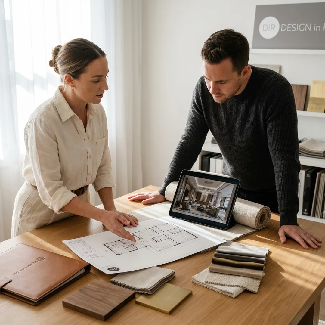 Interior designer reviewing renderings and material samples