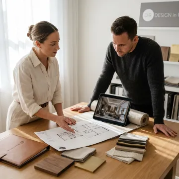 Interior designer reviewing renderings and material samples