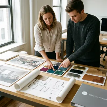Hotel designers reviewing renderings and material samples