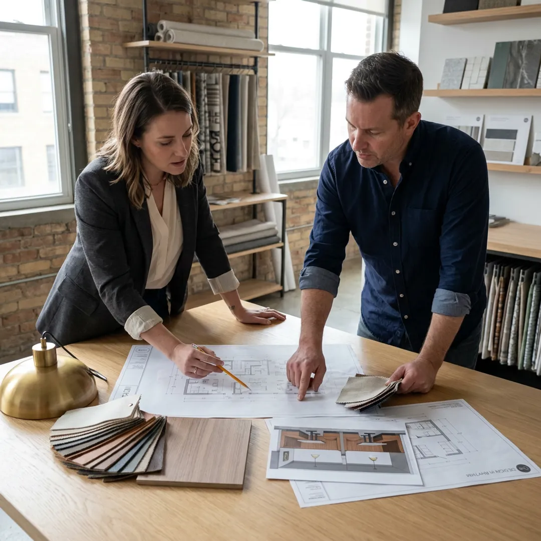 Designer reviewing burger restaurant plans and materials