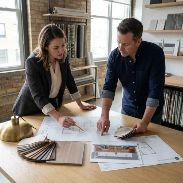 Designer reviewing burger restaurant plans and materials