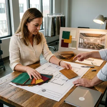 Designer reviewing restaurant interior plans and material samples