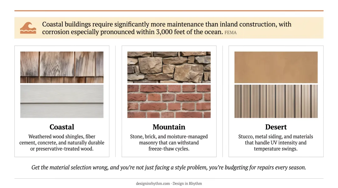 Coastal mountain and desert vacation home material recommendations comparison infographic