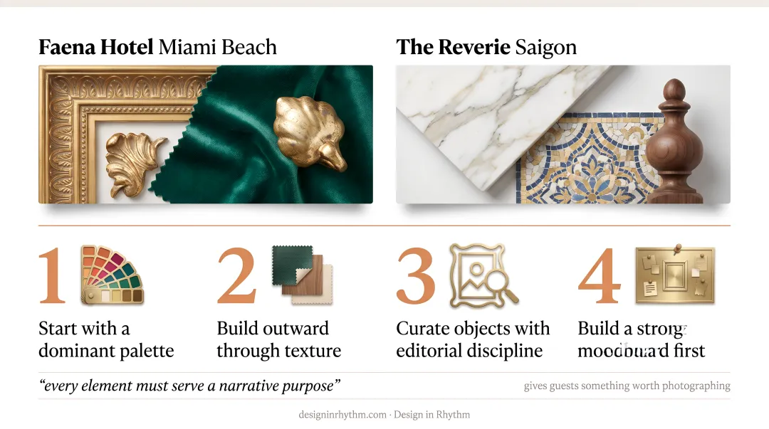 Four-step theatrical maximalism design process for boutique hotel lobby interiors