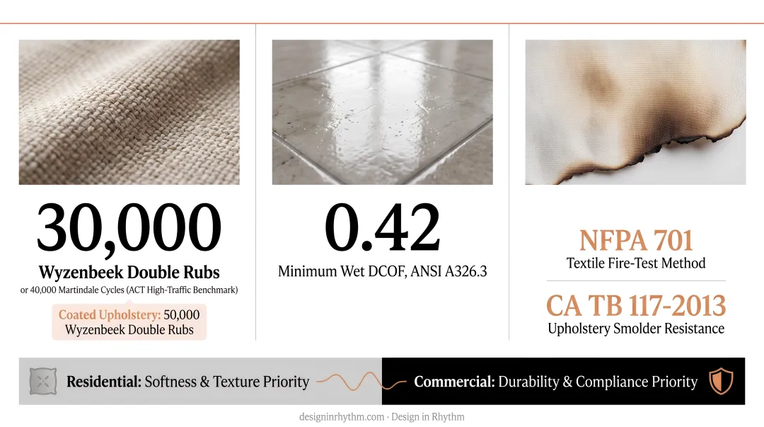 Commercial interior material durability standards upholstery flooring and flame retardant benchmarks