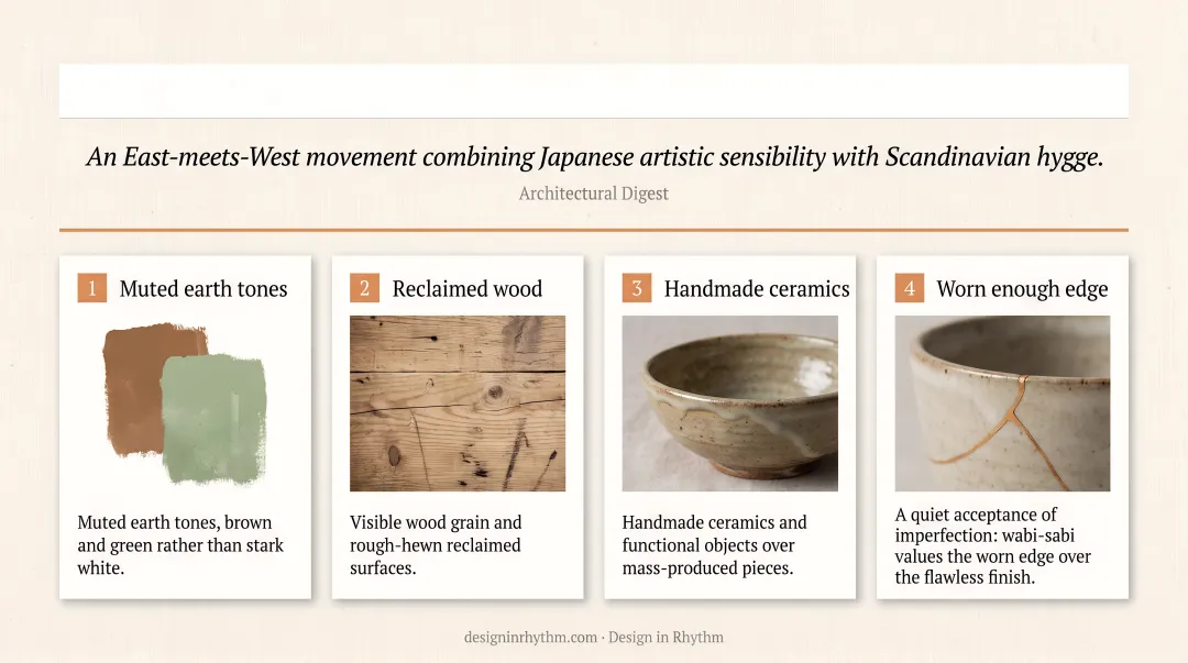 Japandi interior design room with muted earth tones wood grain and handmade ceramics