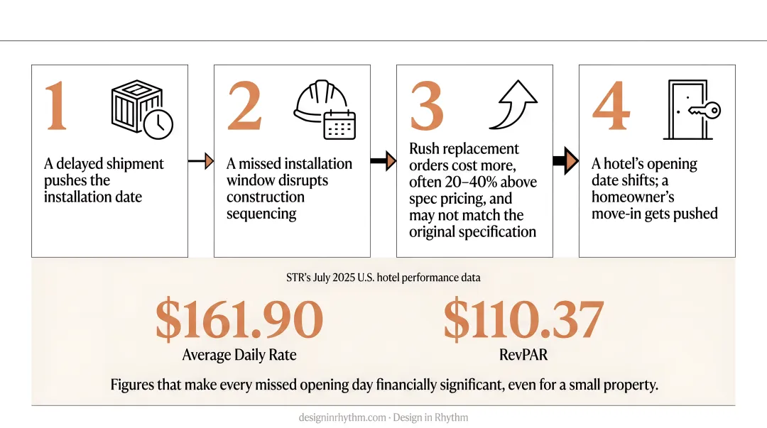 Four-step procurement failure cascade showing timeline budget and design impact