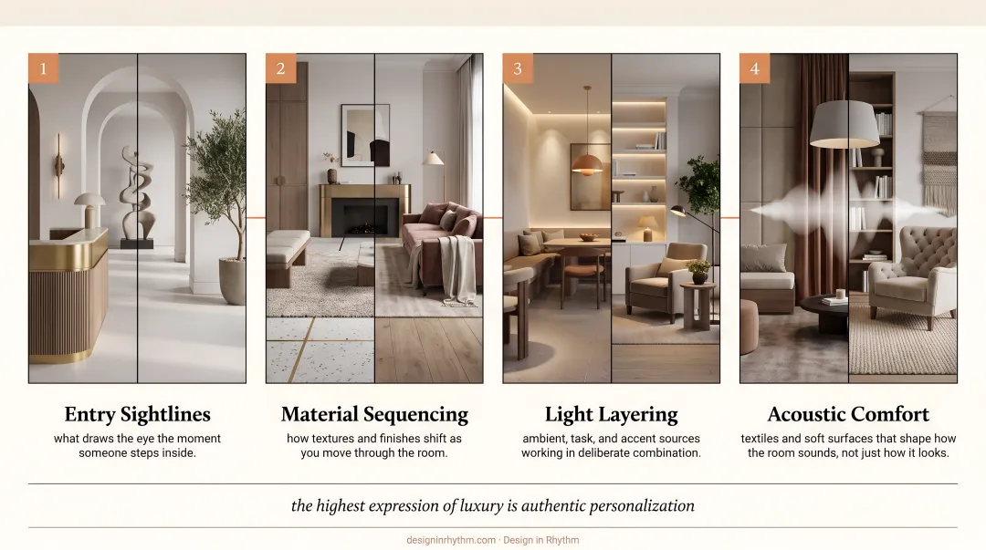 Four hospitality design principles applied to luxury living room composition