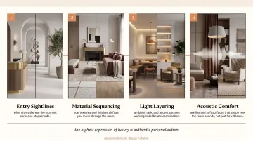 Four hospitality design principles applied to luxury living room composition