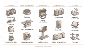 Commercial bar essential equipment categories organized by function in grouped layout