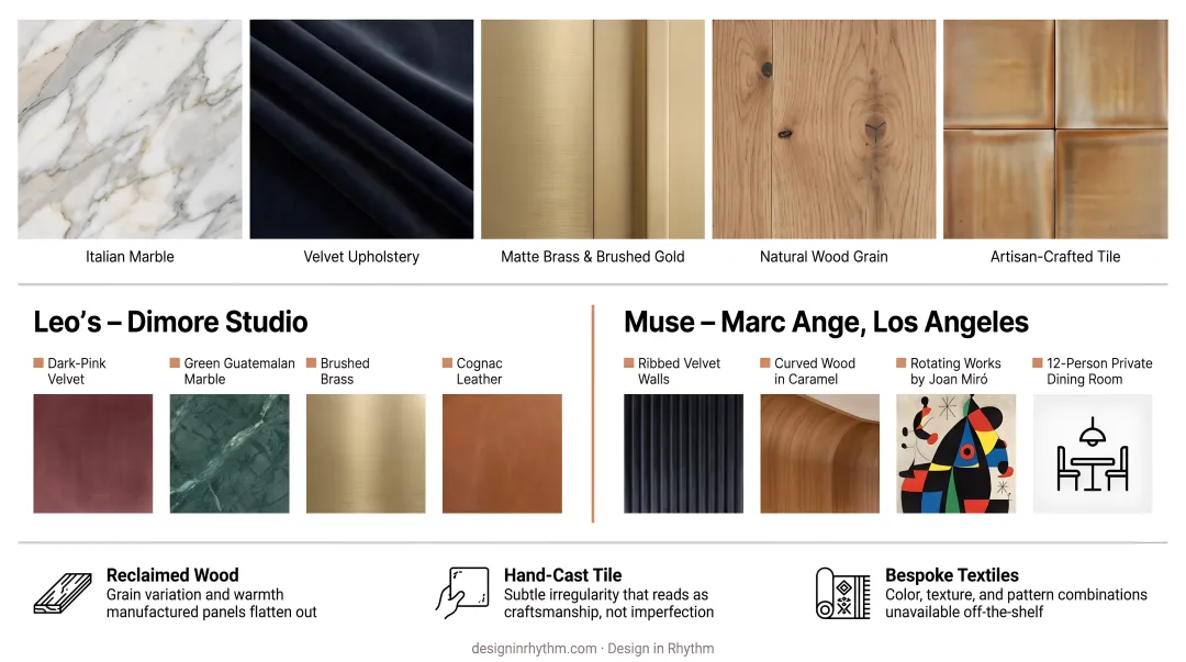 Luxury restaurant artisan material types compared to mass-produced finishes side-by-side breakdown