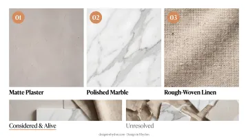 Luxury interior design premium material hierarchy table with applications and contributions