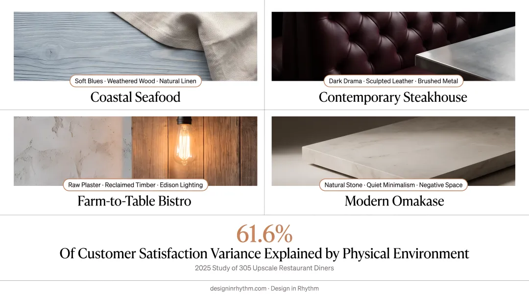 Four luxury restaurant concept types mapped to signature design elements infographic