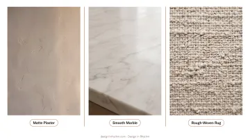 Minimalist interior design materials comparison table with textures and visual effects