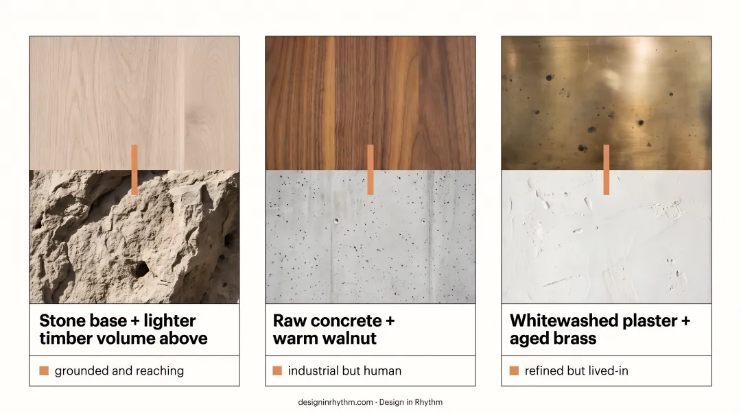 Three residential material pairing combinations with concept meanings explained visually