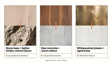 Three residential material pairing combinations with concept meanings explained visually