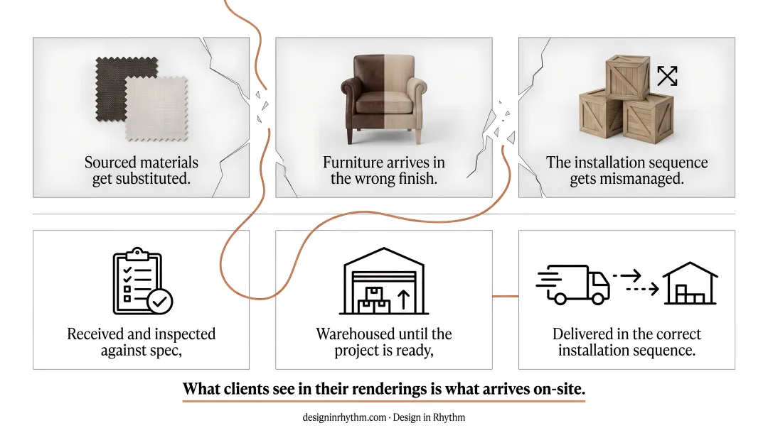 Three-step procurement and installation sequence from item receipt to on-site placement