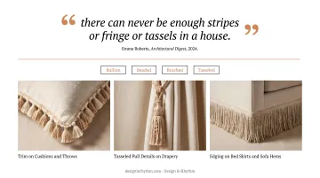 Decorative fringe tassel and trim details on soft furnishings cushions and drapery