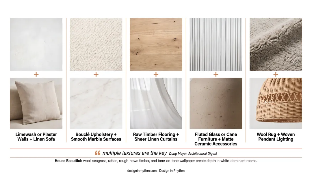 White interior texture layering pairings showing five material contrast combinations