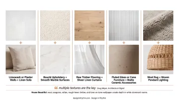 White interior texture layering pairings showing five material contrast combinations
