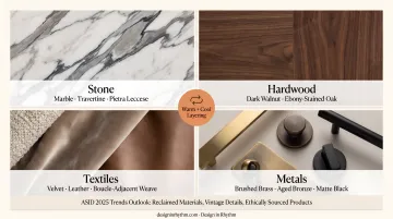 Modern luxury interior material palette layering warm and cool finishes diagram