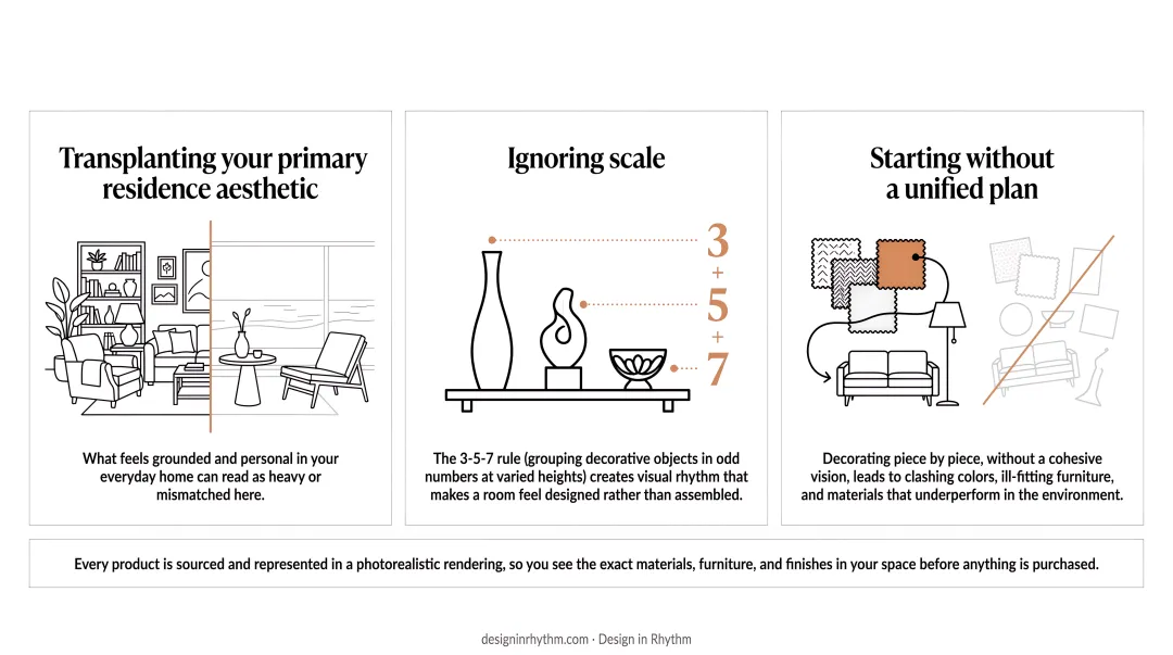 Styled vacation living room vignette demonstrating 3-5-7 rule varied object heights