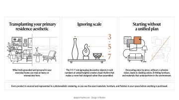 Styled vacation living room vignette demonstrating 3-5-7 rule varied object heights