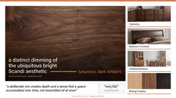 Dark wood revival design applications cabinetry flooring furniture four-part infographic