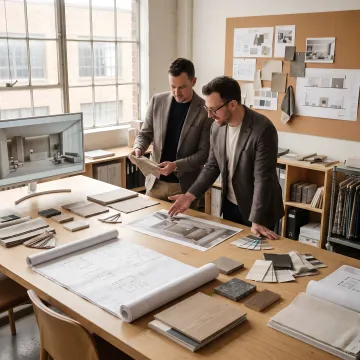 Design team reviewing renderings and material samples
