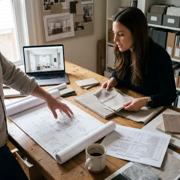 Project team coordinating construction plans and materials