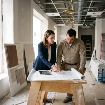 Construction project manager reviewing interior plans