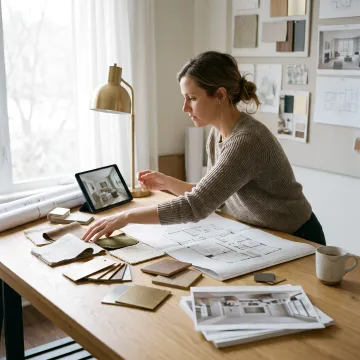 Designer reviewing home plans and material samples