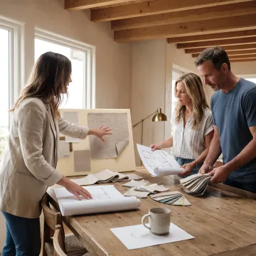 Designer reviewing materials and plans with homeowners