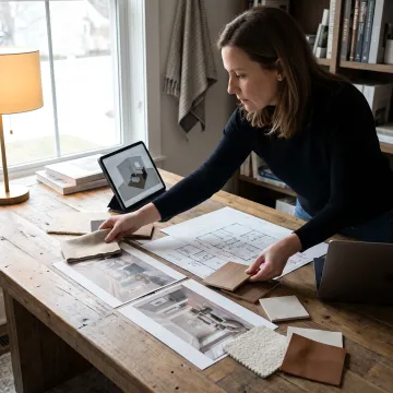 Designer reviewing renderings and materials for custom interior project