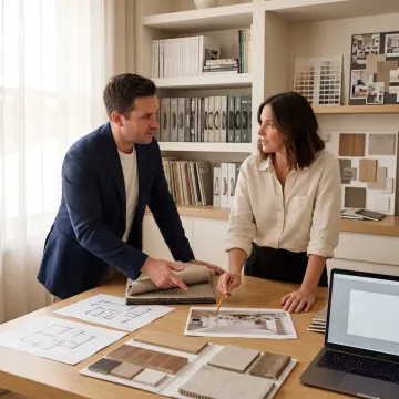 Design team reviewing plans and material samples